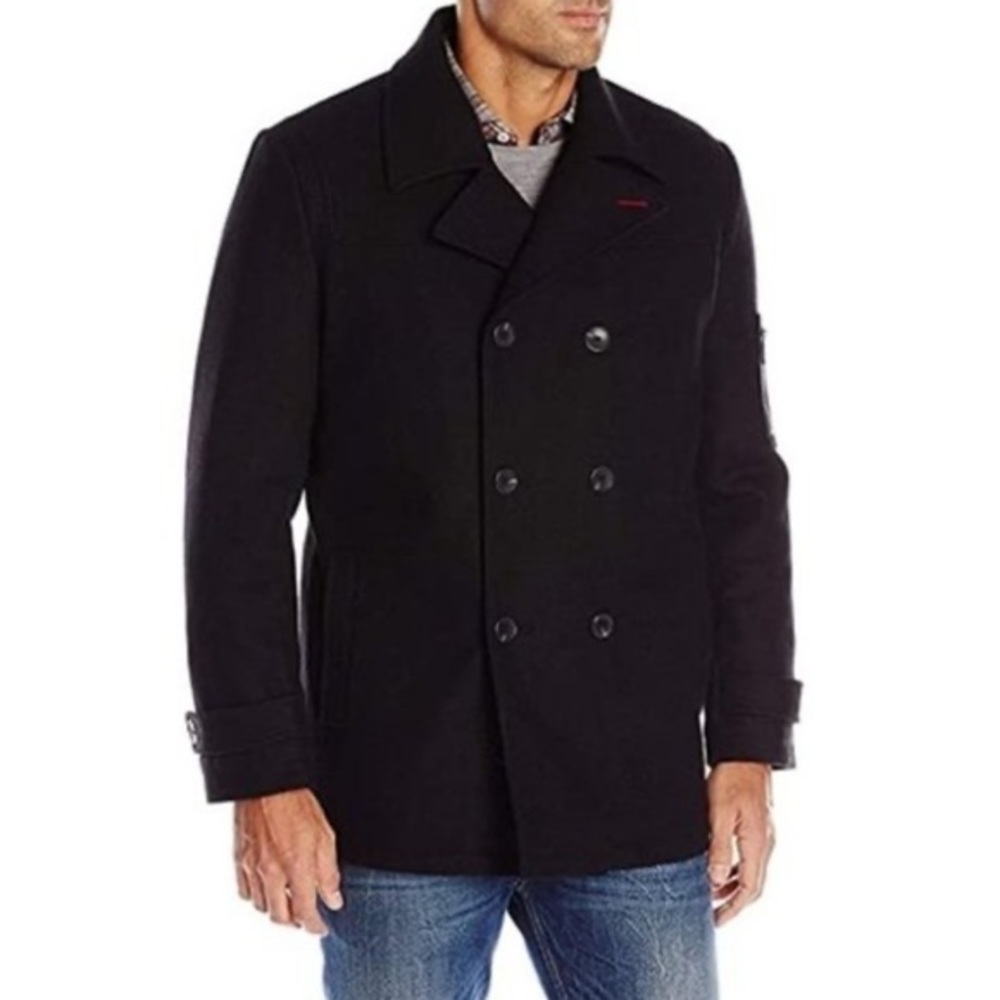 Cremieux Mens Black Wool Peacoat L Double Breasted Classic Old Money Office-wear